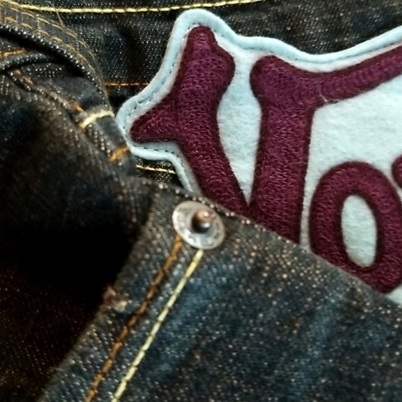 Y2k VON DUTCH Blue Purple Low Rise Flare Embroidery Patch Dark Wash Jeans 28 LN - Picture 11 of 16